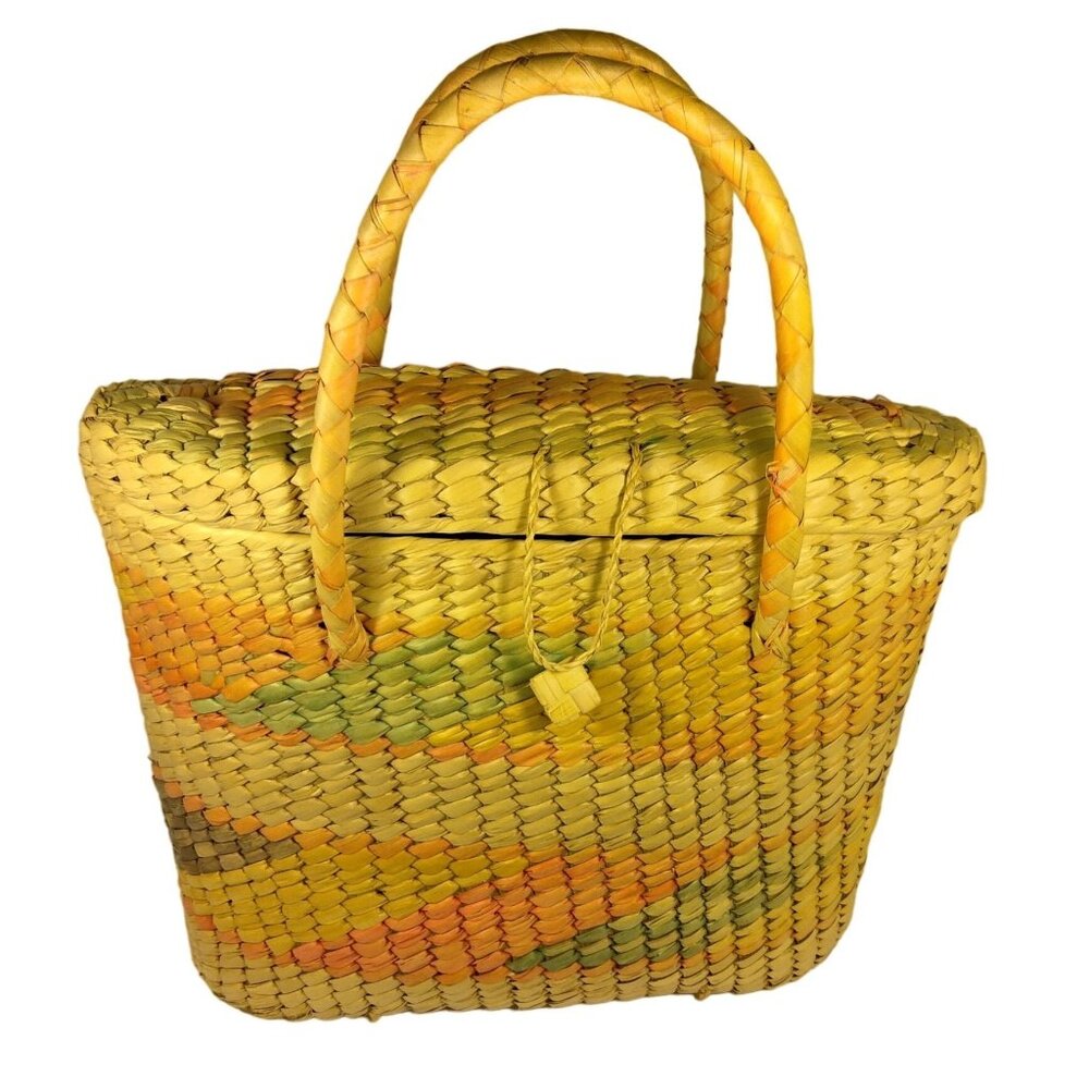 Vintage Straw Seagrass Bag Purse Tote Pink Teal